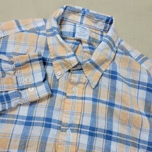 Brooks Brothers Regent Mens 2XL Orange Blue Plaid Button Down Baird McNutt Linen